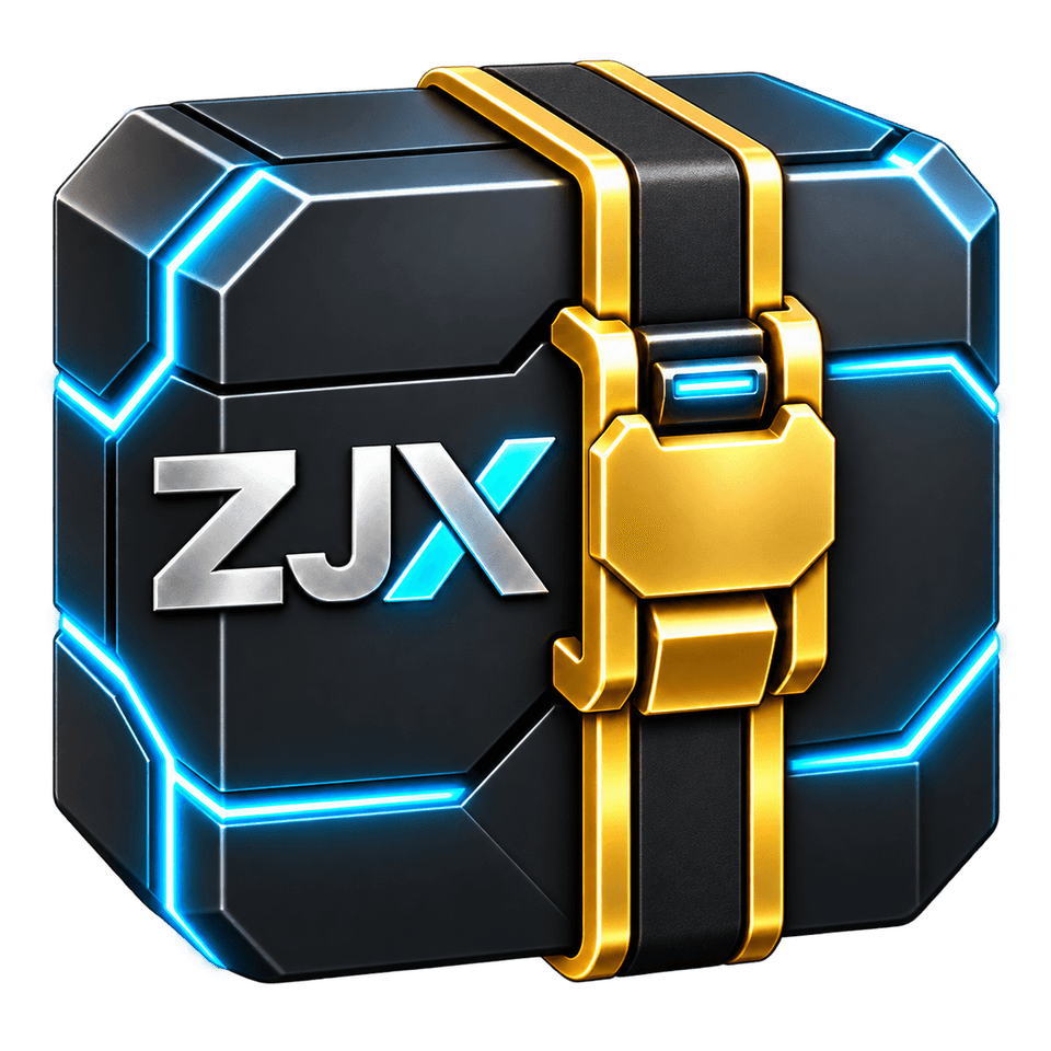 The ZJX icon: a black armored cube with glowing cyan seams, held shut by a gold strap and buckle